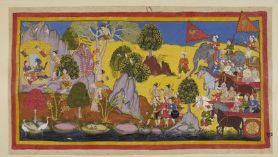 أضف 15296 (1) f.112r ، صخب الجيش المقترب بعد أن أزعج راما ، أخبر لاكسمانا أن يتسلق شجرة لمعرفة سبب الضجيج. يتسلق لاكسمانا شجرة سا لا مزهرة ويتعرف على مسافة معيار بهاراتا مع السحلية بواسطة المدرسة الهندية