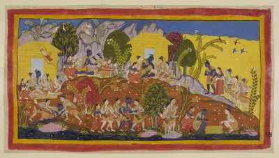 أضف 15296 (1) f.114r ، في الجزء العلوي في الوسط ، يرمي بهاراتا وشاتروغنة نفسيهما عند قدمي راما ، الذي يحتضن إخوته الصغار ويشتمون رائحة الرؤوس. يأخذهم راما في حضنه ويسأل عن رفاههم ورفاهية والدهم ، وح بواسطة المدرسة الهندية