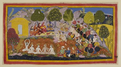 أضف 15296 (1) f.121r ، راما جالس على حصيرة تواجه الأخوين ، مع الملكات الثلاث وسيتا على يمينه. يواصل بهاراتا حث راما على العودة إلى أيوديا ليتوج ، بحجة أن والدهم أخطأ ضده خوفًا من زوجته. بواسطة المدرسة الهندية