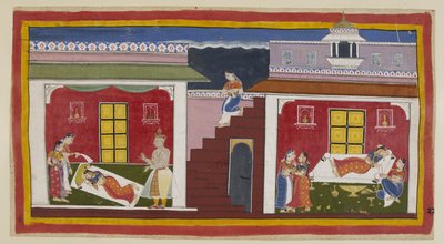 أضف 15296 (1) f.22r ، ينزل Manthara من أعلى ويذهب إلى حجرة نوم Kaikeyi ، على اليمين ، ويوقظها بأخبار التتويج الوشيك. تمتلئ Kaikeyi أولاً بالبهجة والنهوض ، وتقدم Manthara مع قلادة من حول شخصيتها بواسطة المدرسة الهندية