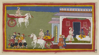 أضف 15296 (1) f.29r ، وصل سومانترا في عربة في قصر راما ، ووجده جالسًا على أريكة ، وهو يرتدي الآن زي الدوتي الأصفر و uttaraiya بدلاً من زيه المعاصر السابق ، وتلوح سيتا وشاحًا فوقه. جبينه يُمسح باللون الأحمر بواسطة المدرسة الهندية