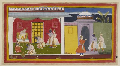 أضف 15296 (1) f.31r و Rama و Laksmana على اليمين ، مع تغيير Rama الآن إلى زي المحكمة المعاصر ، اقترب من بوابة قصر Kaikeyi وترك صندلهم عند الباب ، وادخل إلى غرفة الجمهور. يركعون باحترام أمام الديج بواسطة المدرسة الهندية