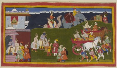 أضف 15296 (1) f.3r ، يحتضن الإخوة الأربعة خارج القصر (في الوسط) ، حيث تنظر النساء إلى الأسفل من نافذة jharokha المغلقة مدعومة بأقواس منحنية منحنية. تنتشر قطعة قماش غنية على العتبة. ثم ينفجر بهاراتا وشاتروغنا في ج بواسطة المدرسة الهندية