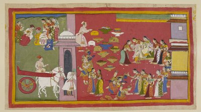 أضف 15296 (1) f.53r ، إلى اليمين ، عندما رأى أبنائه وسيتا يرتدون أردية من اللحاء ، يفقد داساراتا وعيه ويسقط من العرش. المنفيين الثلاثة يركعون أمام الملكات. Kausalya احتضنت سيتا ، الذي يذكرها دون داعٍ بأن أولادها بواسطة المدرسة الهندية