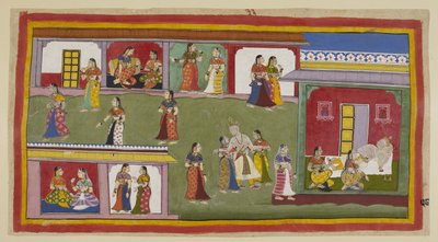 أضف 15296 (1) ص 58 و ، تساعد الملكات الملك في العودة إلى قصره. يتبرأ من Kaikeyi ، ويطلب منها أن تسكن في القصر كأرملة لأنه لا يريد أن يراها مرة أخرى ، ويساعدها كوساليا وسوميترا على النوم ، بينما الملكات الصغرى م بواسطة المدرسة الهندية