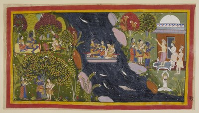 أضف 15296 (1) f.69r ، Bharadva ja ، على اليمين في صومعته ، ينصح المسافرين بالطريق إلى Citrakuta. في الوسط ، يعبرون يامونا على طوف مرتجل ، مع سيتا تصلي مرة أخرى إلى إلهة النهر من أجل عودة آمنة ، وعلى بواسطة المدرسة الهندية