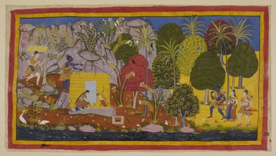 أضف 15296 (1) f.70r ، يقترب المنفيين الثلاثة من Citrakuta من اليمين على طول ضفاف نهر Yamuna. تتعجب راما بالأشجار والنباتات المزهرة التي تغطي الجبل. على اليسار ، على مساحة مستوية بالقرب من النهر ، قام الشقيقان ببناء هوة بواسطة المدرسة الهندية