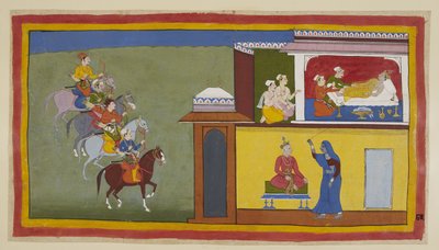 أضف 15296 (1) f.83r ، يقترب الرسل الأربعة على ظهور الخيل من مدينة كيكايا ، بينما يحاول الحاضرون إيقاظ بهاراتا ، الذي كانت لديه أحلام مقلقة بشأن والده. في إحداها ، كما هو موضح أدناه ، كان الملك يرتدي ملابس بسيطة ويجلس على مكواة (هنا باللون الأزرق) بواسطة المدرسة الهندية