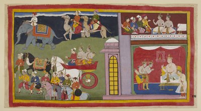أضف 15296 (1) ص 84 ، الرسل ، في الغرفة العلوية ، يطلبون من الأمراء العودة إلى أيوديا. أسفل غرفة العرش ، يرتدون ملابس الرحلة ، يودع الأمراء الملك كايكي وابنه يودها جيت. يجلسون في عربة مع م بواسطة المدرسة الهندية