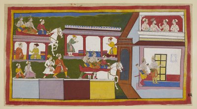 أضف 15296 (1) f.85r ، يقود الأمراء في عربتهم الحربية عبر الشارع الرئيسي في أيوديا ، وهم يتساءلون عن التغيير في المدينة منذ مغادرتها ، ثم يدخلون القصر بإيماءات استجواب. في غرفة علوية ، ينقل براهمين وثلاثة وزراء بواسطة المدرسة الهندية