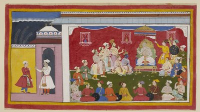 أضف 15296 (1) f.8r ، يجلس Dasaratha على عرشه في دوربار كامل ، مع ركوع راما ولاكسمانا بجانبه ، بينما يخبر الرسول الذي أرسله بهاراتا من بلاط جده سيتاي كينج كيف يدرس ابناه الآخران بجد. خاتم ج بواسطة المدرسة الهندية