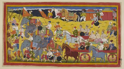 أضف 15296 (1) ص .97 و ، انطلق الأمراء مع معلميهم ووزرائهم وجيشهم إلى الغابة ، متقدمين برجال يقطعون الأشجار ليصنعوا طريقًا وبواسطة الأفيال الملكية. ينقل بطنان الملكات ، يسبقهما حصانان يقودان ركوب الخيل. بواسطة المدرسة الهندية