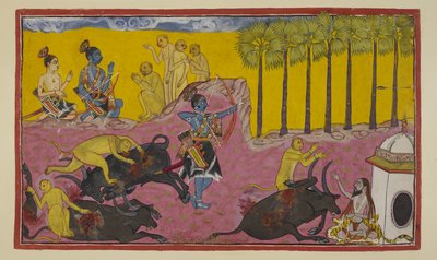 أضف 15296 (2) f.12r ، سوغريفا وقروده ، الظاهرة في الجزء العلوي على اليسار ، يواصلون إخبار راما ولاكسمانا قصة با لي ودوندوبهي. كان با لي قوياً لدرجة أنه كان قادراً على تمزيق طرف الشيطان من طرفه ثم رمي الجثة في الهواء. يو بواسطة المدرسة الهندية
