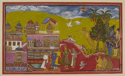 أضف 15296 (2) f.14r ، جاء سوغريفا وحلفاؤه إلى قصر با لي في كيسكيندا. يزأر سوغريفا التحدي الذي يواجهه لدرجة أن الطيور تسقط من السماء في حالة ذعر. ظهر با لي وملكته تا را ووزرائه عند سماع الضجة. ذ بواسطة المدرسة الهندية