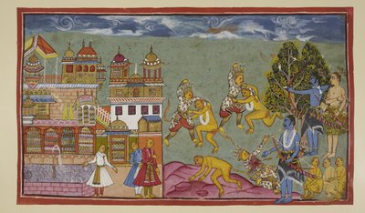 أضف 15296 (2) f.18r ، خارج القصر ، يقصف Sugriva و Ba li بعضهما البعض بشراسة بقبضات اليد والأظافر ثم تمزيق الأشجار والصخور ، لكن Ba li هو الأقوى ويضطر Sugriva ببطء إلى إعطاء الأرض. عندما يرى راما أن سوجريفا يخسر ، كان ك بواسطة المدرسة الهندية
