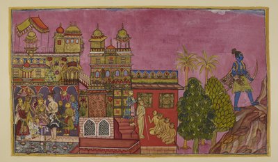 أضف 15296 (2) f.27r ، تم تثبيت Sugriva كملك في القصر ، و Angada كولي للعهد ووريث لمملكة Kiskindha ، مع وجود Laksmana ، بينما يتقاعد Rama إلى Mount Prasravana لقضاء موسم الأمطار هناك. بواسطة المدرسة الهندية