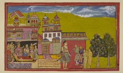 أضف 15296 (2) f.34r ، لاكسمانا ، الذي لا يزال على أبواب Kiskindha ، مرحب به من قبل وزراء سوغريفا ، بينما داخل القصر ، يتم نصح سوجريفا من قبل وزرائه وتا را. بواسطة المدرسة الهندية