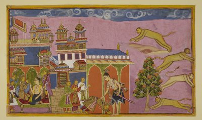 أضف 15296 (2) f.38r ، يدخل Laksmana قصر Sugriva ، ويستقبله الأخير ينحني على الأرض ، مع وزرائه خلفه. يتم التوفيق بين الاثنين. على اليسار ، سوغريفا ولاكسمانا يتحدثان على الأريكة. سوغريفا يخبر هانومان أن يستدعي مرحبًا بواسطة المدرسة الهندية