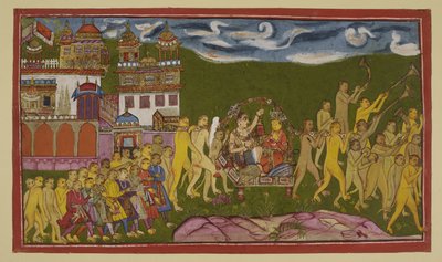 أضف 15296 (2) f.43r ، يتم نقل Sugriva و Laksmana في فضلات ذهبية ، تحملها القرود ، من Kiskindha بواسطة المدرسة الهندية