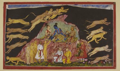 أضف 15296 (2) f.49r و Rama و Laksmana و Sugriva جالسون على ناطحة سحاب صخرية. يقسم سوجريفا قواته الهائلة إلى أربعة ويرسلهم للبحث في الأرباع الأربعة عن سيتا. يصف لكل قائد عسكري التضاريس التي سيواجهونها بواسطة المدرسة الهندية