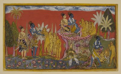 أضف 15296 (2) f.5r ، هانومان الآن يجلب راما ولاكسمانا إلى حضور سوجريفا على الجبل. راما وسوجريفا يقبضان على يديهما رمزًا لنذر الصداقة ، وتراقبهما لاكسمانا والقردة الأخرى ؛ وبعد ذلك ، بروح مماثلة ، يمشي الاثنان بواسطة المدرسة الهندية