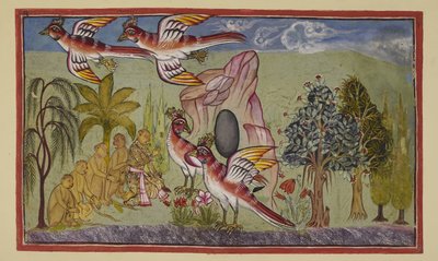 أضف 15296 (2) f.74r ، تنمو أجنحة سامباتي مرة أخرى ، وفقًا للنبوءة بأنهم سيفعلون ذلك عندما يقدم خدمة للعالم من خلال معرفة مكان أخذ سيتا ، وبالتالي تمكين راما من استعادتها. تصرخ القردة في عجب مثل بواسطة المدرسة الهندية
