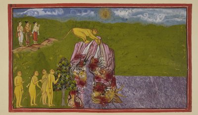 أضف 15296 (2) ص 81 و ، على ضفاف المحيط العظيم ، شعرت القردة بالفزع من كيفية عبورها للوصول إلى لاك؟ سألهم أنجادا جميعًا إلى أي مدى يمكنهم القفز ، لكن لم يكن أي منهم واثقًا من القفز إلى هذا الحد ، حتى حث Ja mbava n Hanuman ، بواسطة المدرسة الهندية
