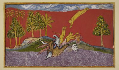 أضف 15296 (2) f.87r ، يغوص هانومان في فم الشيطان Siṃhika بواسطة المدرسة الهندية