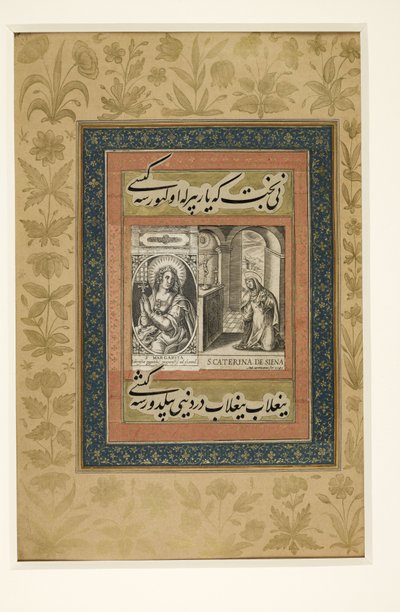 يضيف. أو. MS 3129 ، ص. 43 و صفحة بها نقش أوروبي لسانت كاترين من سيينا ، من "ألبوم Dara Shikoh" ، حوالي 1640 (نقش ورق رق) بواسطة المدرسة الهندية