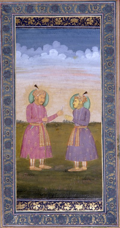 أكبر يسلم ابنه جهانكير ريشة مرصعة بالجواهر ، 1845 (مرحاض غير شفاف وذهب على ورق) بواسطة المدرسة الهندية