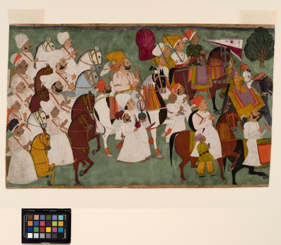 أخي سينغ يركب مع حاشيته ، حوالي عام 1750 (ألوان مائية غير شفافة وذهبية على ورق) بواسطة المدرسة الهندية