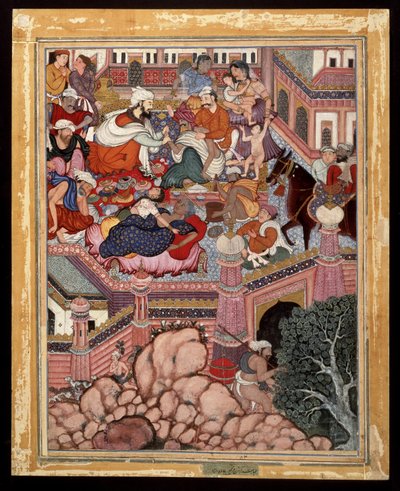 عمرو ، متنكرا في زي الجراح مزمل ، يمارس الدجال على السحرة في أنتالي ، كاليفورنيا. 1570 (ألوان مائية غير شفافة وذهب على القطن) بواسطة المدرسة الهندية
