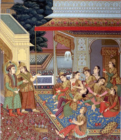 حريم هندي. رسم توضيحي لمنمنمة المغول (مدرسة المنمنمات الهنود في القرنين السادس عشر والسابع عشر). بواسطة المدرسة الهندية