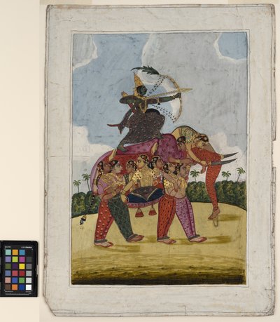 كان الفيل ، المركب ، المكون من نساء راقصات بمثابة جبل لرامي السهام ، حوالي عام 1825 (ألوان مائية غير شفافة وذهبية على ورق) بواسطة المدرسة الهندية
