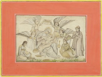 الملائكة يحضرون مريم ويسوع ، c.1665 (مرحاض غير شفاف وذهب على ورق) بواسطة المدرسة الهندية