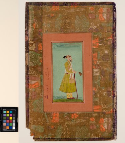 أورنجزيب يحمل ذبابة ذبابة ، حوالي عام 1680 (ألوان مائية غير شفافة وذهبية على ورق ، مثبتة على صفحة ألبوم) بواسطة المدرسة الهندية
