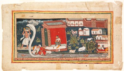 يتم حمل الطفل كريشنا إلى بر الأمان ، 1600-25 (مرحاض غير شفاف على الورق) بواسطة المدرسة الهندية