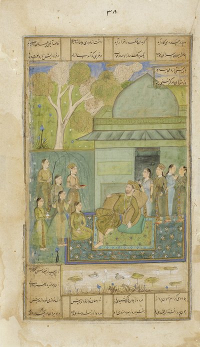 بهرام جور في الجناح الأخضر ، 1690 ج (مرحاض غير شفاف وذهب على ورق) بواسطة المدرسة الهندية