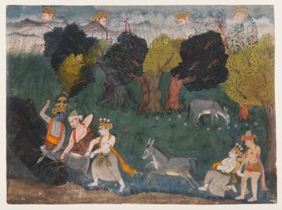 Balarama Kills the Ass Demon ، صفحة من سلسلة Bhagavata Purana المشتتة ، حوالي عام 1725 (ألوان مائية غير شفافة وفضية على ورق) بواسطة المدرسة الهندية