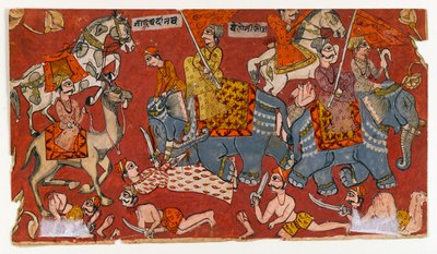 مشهد معركة من سلسلة بهاجافاتا بورانا ، حوالي 1625-50 (ألوان مائية وذهبية على ورق) (ظهر 499329) بواسطة المدرسة الهندية