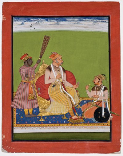 توج بهاو سينغ متوجًا بنبله عند قدميه ، c.1680 (مرحاض غير شفاف وذهب على ورق) بواسطة المدرسة الهندية