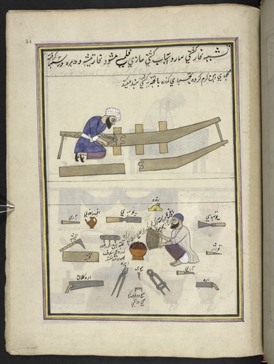 بناة القوارب ،  86 رسمة مجمعة في مجلد تصور الحرف والمهن في كشمير ، يظهر الحرفيون في العمل بأدواتهم ومعداتهم ،  بواسطة فنان من كشمير ، ربما في سريناغار ، حوالي 1850-60 (غواش على ورق) بواسطة المدرسة الهندية