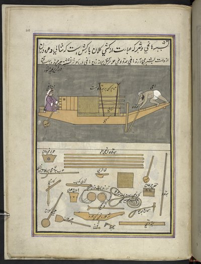 رجل قارب وزوجته ينقلان كميات من الأرز ،  86 رسمة مجمعة في مجلد تصور الحرف والمهن في كشمير ، يظهر الحرفيون في العمل بأدواتهم ومعداتهم ،  بواسطة فنان من كشمير ، ربما في سريناغار ، حوالي 1850-60 (الغواش على ورق بواسطة المدرسة الهندية