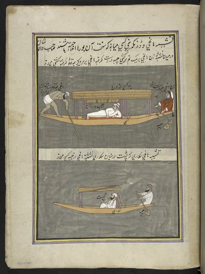 رجال القوارب ،  86 رسمة مجمعة في مجلد تصور الحرف والمهن في كشمير ، يظهر الحرفيون في العمل بأدواتهم ومعداتهم ،  بواسطة فنان من كشمير ، ربما في سريناغار ، حوالي 1850-60 (غواش على ورق) بواسطة المدرسة الهندية