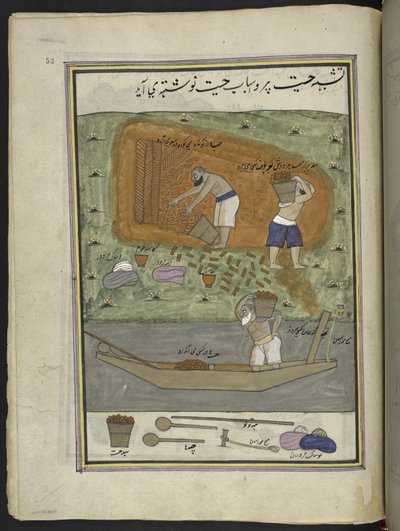 صانعو الطوب مع فرن وزورق لنقل الطوب ،  86 رسمة مجمعة في مجلد تصور الحرف والمهن في كشمير ، يظهر الحرفيون في العمل بأدواتهم ومعداتهم ،  بواسطة فنان من كشمير ، ربما في سريناغار ، حوالي 1850-60 بواسطة المدرسة الهندية