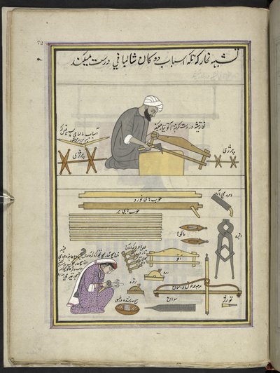 نجار وزوجته يصنعان شالًا يلوح في الأفق ،  86 رسماً مجلداً في مجلد يصور الحرف والمهن في كشمير ، يظهر الحرفيون في العمل بأدواتهم ومعداتهم ،  بقلم فنان من كشمير ، ربما في سريناغار ، حوالي 1850-60 (غواش على ورق بواسطة المدرسة الهندية