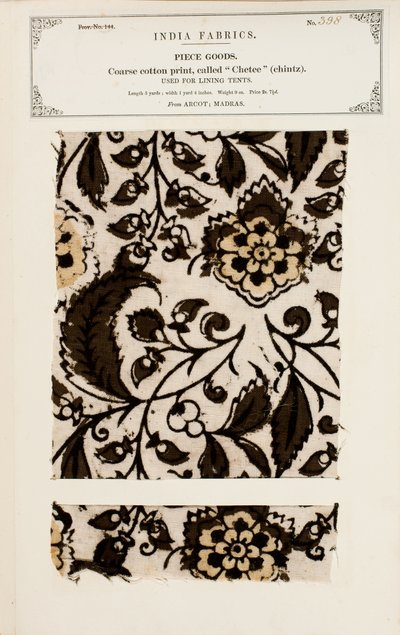 عينة من القطن الخشن بنمط chetee (chintz) من Arcot in Madras ، من مجموعة شركات تصنيع المنسوجات في الهند ، بقلم جون فوربس واتسون ، نُشر عام 1866 بواسطة المدرسة الهندية