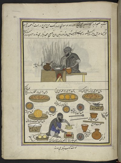 الأكلات المطبوخة وصانعي الكواب ،  86 رسمة مجمعة في مجلد تصور الحرف والمهن في كشمير ، يظهر الحرفيون في العمل بأدواتهم ومعداتهم ،  بواسطة فنان من كشمير ، ربما في سريناغار ، حوالي 1850-60 (غواش على ورق) بواسطة المدرسة الهندية