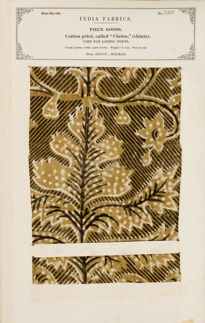 عينة من القطن مع طباعة chetee (chintz) من Arcot في Madras ، من مجموعة شركات تصنيع المنسوجات في الهند ، بقلم جون فوربس واتسون ، نُشر عام 1866 بواسطة المدرسة الهندية