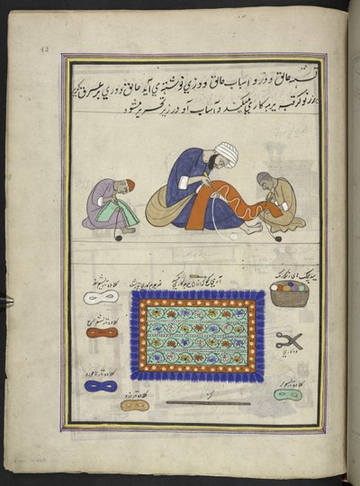 حرفيون يطرزون السجاد اللباد "(نامدا)"  86 رسماً مجلداً في مجلد يصور الحرف والمهن في كشمير ، يظهر الحرفيون في العمل بأدواتهم ومعداتهم ،  بقلم فنان من كشمير ، ربما في سريناغار ، حوالي 1850-60 (الغواش على ص بواسطة المدرسة الهندية